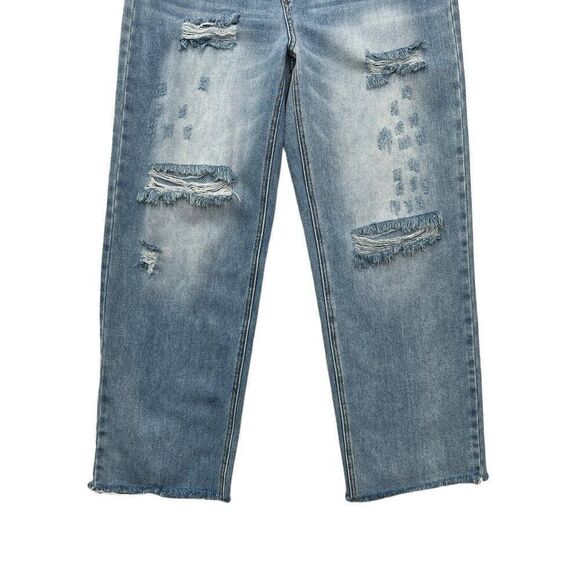 Risen Jeans Women's Cross‎ Over Distressed High Waist Straight Leg Jeans - Picture 4 of 10